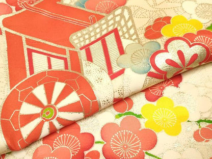 平和屋着物[]七五三　女の子　７歳　祝着　四つ身　長襦袢(袷・半衿刺繍)セット　駒刺繍　御所車枝梅文　金銀彩　逸品　DABA3563ma