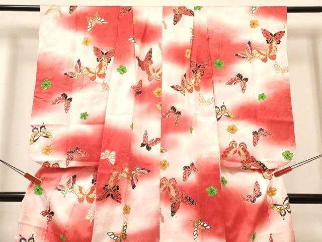 平和屋着物[]七五三　女の子　７歳　祝着　四つ身　長襦袢(無双仕立て・半衿刺繍)セット　刺繍　花蝶文　暈し染め　金彩　逸品　DABA3565ma