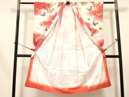 平和屋着物[]七五三　女の子　７歳　祝着　四つ身　長襦袢(無双仕立て・半衿刺繍)セット　刺繍　花蝶文　暈し染め　金彩　逸品　DABA3565ma