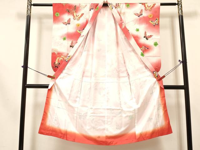 平和屋着物[]七五三　女の子　７歳　祝着　四つ身　長襦袢(無双仕立て・半衿刺繍)セット　刺繍　花蝶文　暈し染め　金彩　逸品　DABA3565ma