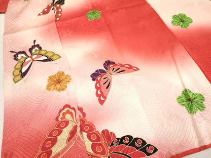 平和屋着物[]七五三　女の子　７歳　祝着　四つ身　長襦袢(無双仕立て・半衿刺繍)セット　刺繍　花蝶文　暈し染め　金彩　逸品　DABA3565ma