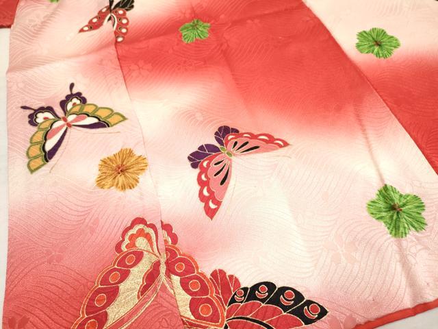 平和屋着物[]七五三　女の子　７歳　祝着　四つ身　長襦袢(無双仕立て・半衿刺繍)セット　刺繍　花蝶文　暈し染め　金彩　逸品　DABA3565ma
