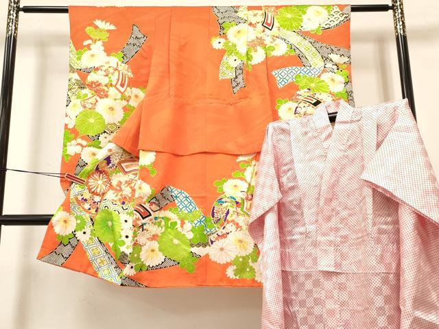 平和屋着物[]七五三　女の子　３歳　祝着　三つ身　長襦袢(無双仕立て)セット　駒刺繍　打ち出の小槌　御所車花文　金彩　逸品　DABA3566ma
