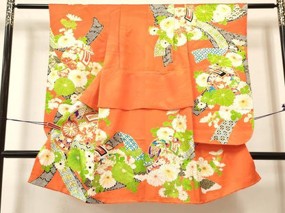 平和屋着物[]七五三　女の子　３歳　祝着　三つ身　長襦袢(無双仕立て)セット　駒刺繍　打ち出の小槌　御所車花文　金彩　逸品　DABA3566ma