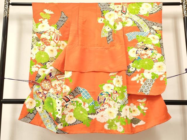 平和屋着物[]七五三　女の子　３歳　祝着　三つ身　長襦袢(無双仕立て)セット　駒刺繍　打ち出の小槌　御所車花文　金彩　逸品　DABA3566ma