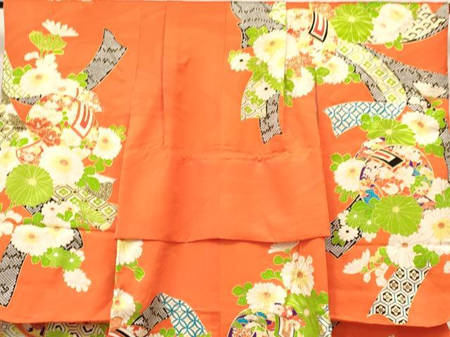 平和屋着物[]七五三　女の子　３歳　祝着　三つ身　長襦袢(無双仕立て)セット　駒刺繍　打ち出の小槌　御所車花文　金彩　逸品　DABA3566ma