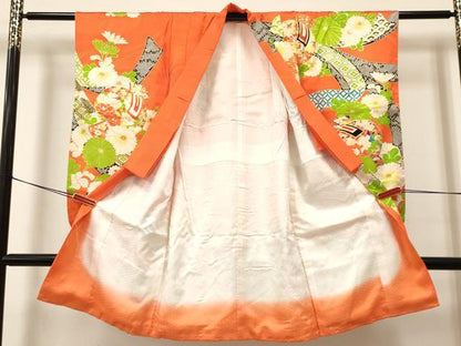 平和屋着物[]七五三　女の子　３歳　祝着　三つ身　長襦袢(無双仕立て)セット　駒刺繍　打ち出の小槌　御所車花文　金彩　逸品　DABA3566ma