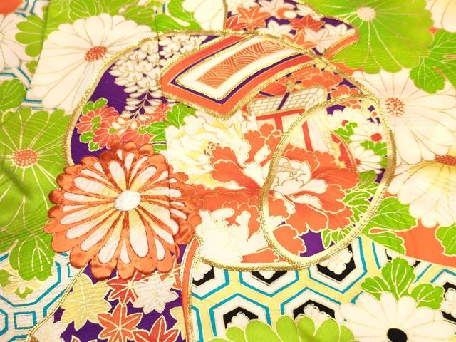 平和屋着物[]七五三　女の子　３歳　祝着　三つ身　長襦袢(無双仕立て)セット　駒刺繍　打ち出の小槌　御所車花文　金彩　逸品　DABA3566ma