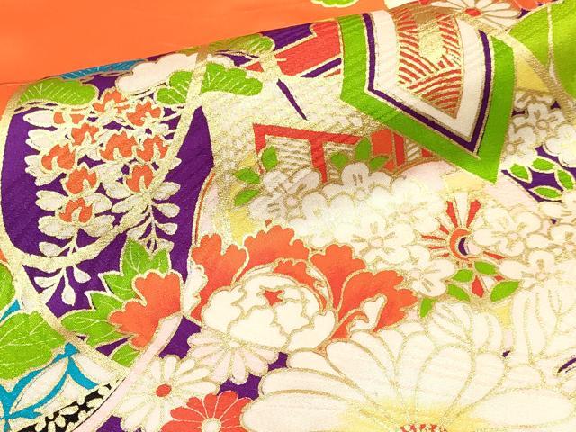 平和屋着物[]七五三　女の子　３歳　祝着　三つ身　長襦袢(無双仕立て)セット　駒刺繍　打ち出の小槌　御所車花文　金彩　逸品　DABA3566ma