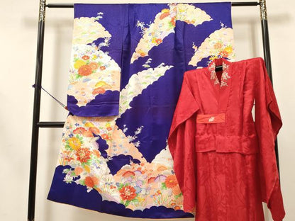 平和屋着物[]七五三　女の子　７歳　祝着　四つ身　長襦袢(袷・半衿刺繍)セット　駒刺繍　雪芝飛鶴花文　金彩　逸品　DABA3567ma