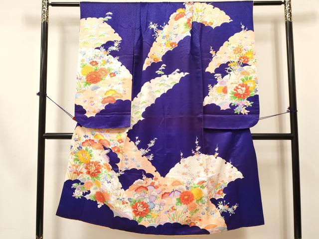 平和屋着物[]七五三　女の子　７歳　祝着　四つ身　長襦袢(袷・半衿刺繍)セット　駒刺繍　雪芝飛鶴花文　金彩　逸品　DABA3567ma