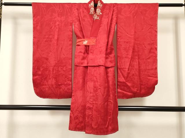 平和屋着物[]七五三　女の子　７歳　祝着　四つ身　長襦袢(袷・半衿刺繍)セット　駒刺繍　雪芝飛鶴花文　金彩　逸品　DABA3567ma