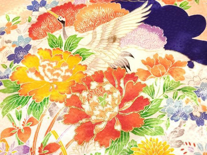 平和屋着物[]七五三　女の子　７歳　祝着　四つ身　長襦袢(袷・半衿刺繍)セット　駒刺繍　雪芝飛鶴花文　金彩　逸品　DABA3567ma