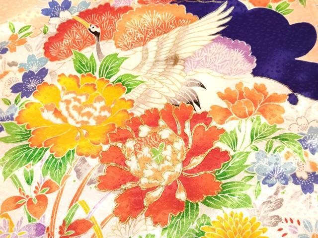 平和屋着物[]七五三　女の子　７歳　祝着　四つ身　長襦袢(袷・半衿刺繍)セット　駒刺繍　雪芝飛鶴花文　金彩　逸品　DABA3567ma