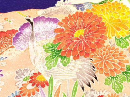 平和屋着物[]七五三　女の子　７歳　祝着　四つ身　長襦袢(袷・半衿刺繍)セット　駒刺繍　雪芝飛鶴花文　金彩　逸品　DABA3567ma