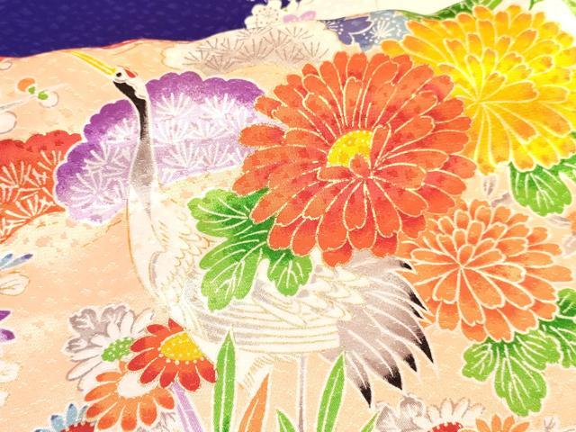 平和屋着物[]七五三　女の子　７歳　祝着　四つ身　長襦袢(袷・半衿刺繍)セット　駒刺繍　雪芝飛鶴花文　金彩　逸品　DABA3567ma