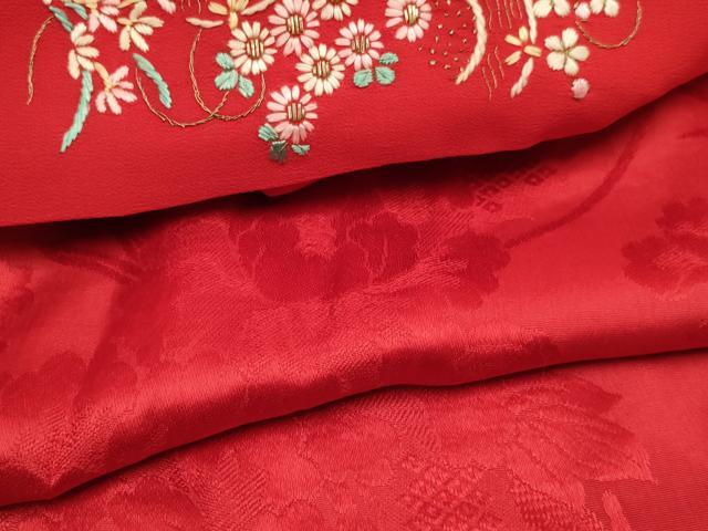平和屋着物[]七五三　女の子　７歳　祝着　四つ身　長襦袢(袷・半衿刺繍)セット　駒刺繍　雪芝飛鶴花文　金彩　逸品　DABA3567ma