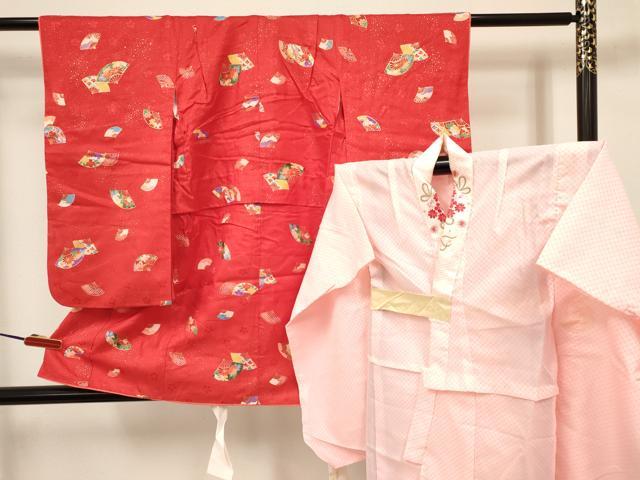 平和屋着物[]七五三　女の子　３歳　祝着　三つ身　長襦袢(単衣・半衿刺繍)セット　扇面花文　金彩　逸品　DABA3570ma