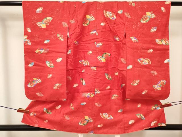 平和屋着物[]七五三　女の子　３歳　祝着　三つ身　長襦袢(単衣・半衿刺繍)セット　扇面花文　金彩　逸品　DABA3570ma