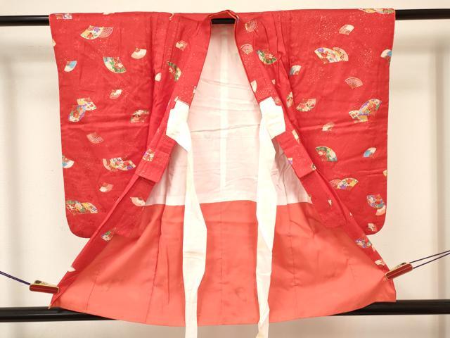 平和屋着物[]七五三　女の子　３歳　祝着　三つ身　長襦袢(単衣・半衿刺繍)セット　扇面花文　金彩　逸品　DABA3570ma
