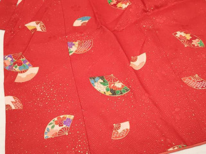 平和屋着物[]七五三　女の子　３歳　祝着　三つ身　長襦袢(単衣・半衿刺繍)セット　扇面花文　金彩　逸品　DABA3570ma