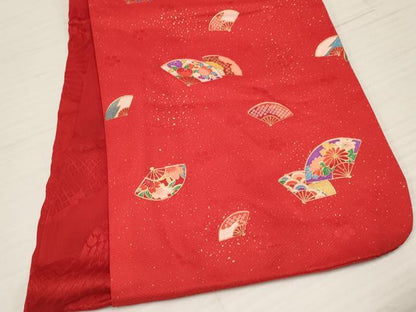 平和屋着物[]七五三　女の子　３歳　祝着　三つ身　長襦袢(単衣・半衿刺繍)セット　扇面花文　金彩　逸品　DABA3570ma