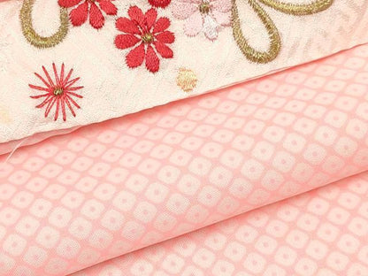 平和屋着物[]七五三　女の子　３歳　祝着　三つ身　長襦袢(単衣・半衿刺繍)セット　扇面花文　金彩　逸品　DABA3570ma
