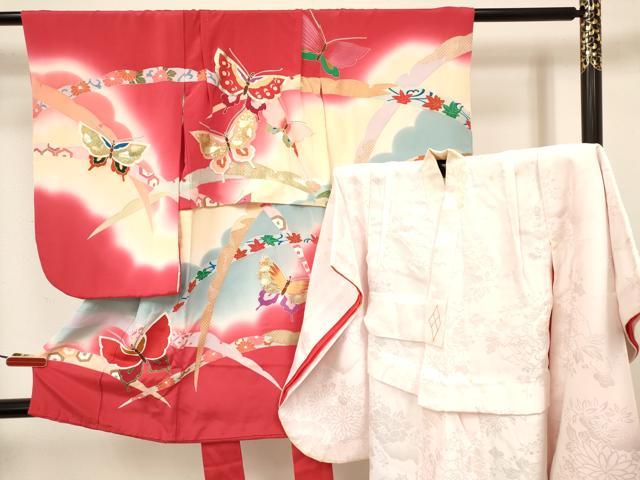 平和屋着物[]七五三　女の子　３歳　祝着　三つ身　長襦袢(袷)セット　雪芝花蝶文　暈し染め　金銀彩　逸品　DABA3571ma