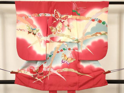 平和屋着物[]七五三　女の子　３歳　祝着　三つ身　長襦袢(袷)セット　雪芝花蝶文　暈し染め　金銀彩　逸品　DABA3571ma