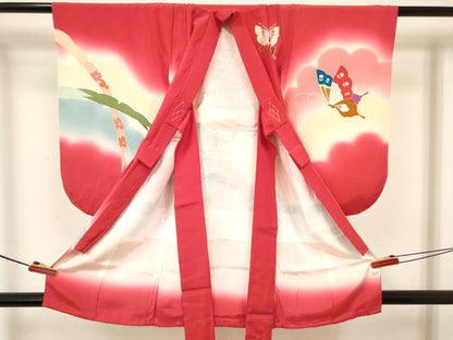 平和屋着物[]七五三　女の子　３歳　祝着　三つ身　長襦袢(袷)セット　雪芝花蝶文　暈し染め　金銀彩　逸品　DABA3571ma
