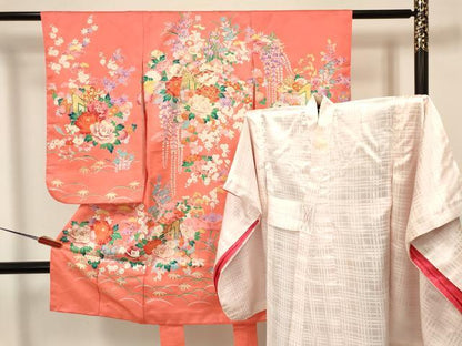 平和屋着物[]七五三　女の子　３歳　祝着　三つ身　長襦袢(袷)セット　駒刺繍　御所車花文　金彩　逸品　DABA3572ma