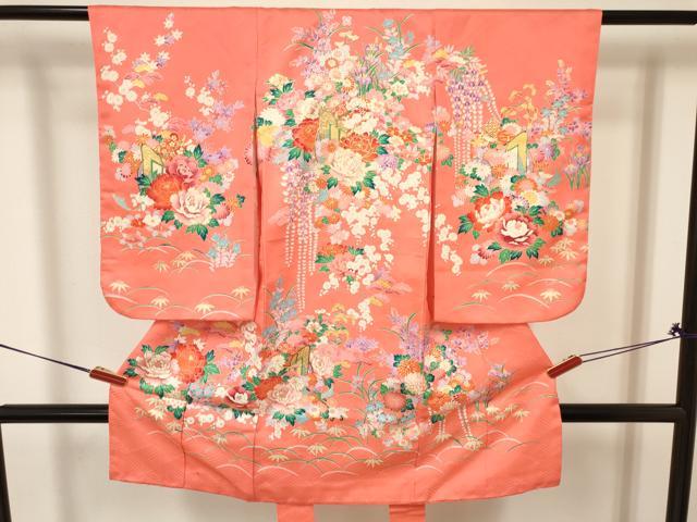 平和屋着物[]七五三　女の子　３歳　祝着　三つ身　長襦袢(袷)セット　駒刺繍　御所車花文　金彩　逸品　DABA3572ma