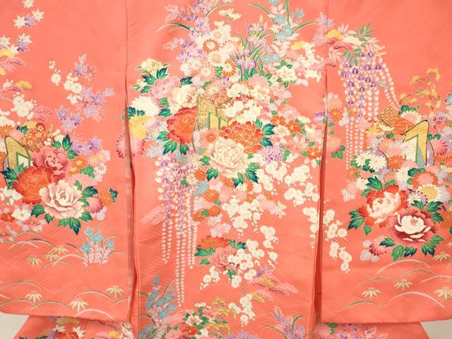 平和屋着物[]七五三　女の子　３歳　祝着　三つ身　長襦袢(袷)セット　駒刺繍　御所車花文　金彩　逸品　DABA3572ma