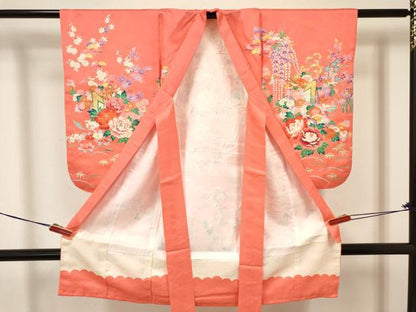 平和屋着物[]七五三　女の子　３歳　祝着　三つ身　長襦袢(袷)セット　駒刺繍　御所車花文　金彩　逸品　DABA3572ma