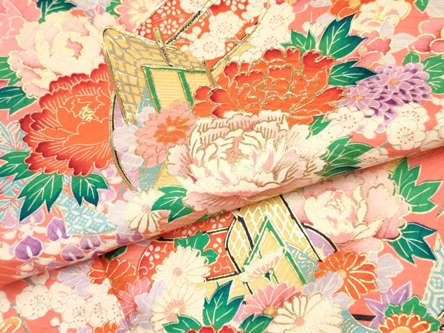 平和屋着物[]七五三　女の子　３歳　祝着　三つ身　長襦袢(袷)セット　駒刺繍　御所車花文　金彩　逸品　DABA3572ma