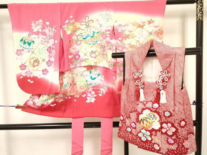 平和屋着物[]七五三　女の子　３歳　祝着　三つ身　被布セット　駒刺繍　鈴花文　暈し染め　金彩　逸品　DABA3573ma