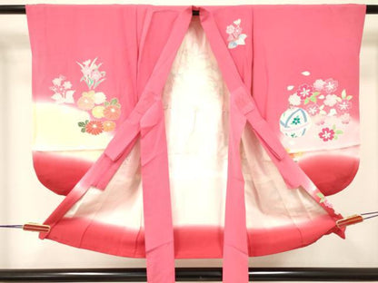 平和屋着物[]七五三　女の子　３歳　祝着　三つ身　被布セット　駒刺繍　鈴花文　暈し染め　金彩　逸品　DABA3573ma