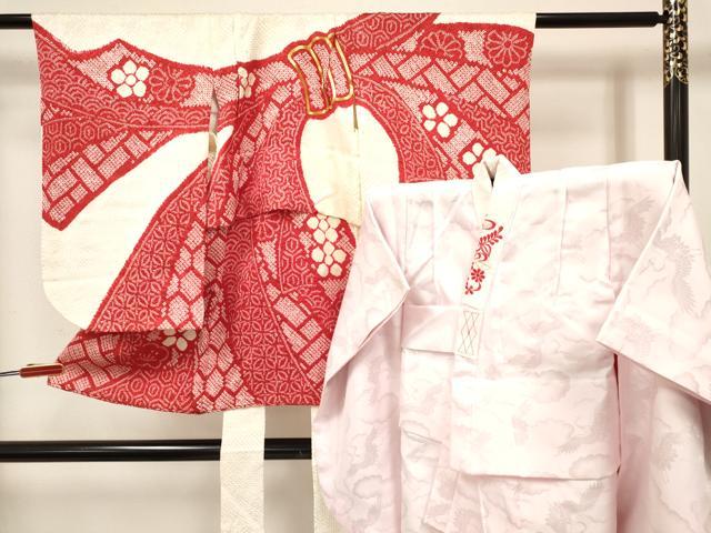 平和屋着物[]七五三　女の子　３歳　祝着　三つ身　長襦袢(袷・半衿刺繍)セット　駒刺繍　絞り　束ね熨斗花文　逸品　DABA3576ma