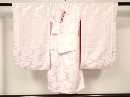平和屋着物[]七五三　女の子　３歳　祝着　三つ身　長襦袢(袷・半衿刺繍)セット　駒刺繍　絞り　束ね熨斗花文　逸品　DABA3576ma