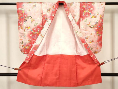 平和屋着物[]七五三　女の子　３歳　祝着　三つ身　長襦袢(無双仕立て)・被布セット　花蝶文　暈し染め　金銀彩　逸品　DABA3579ma