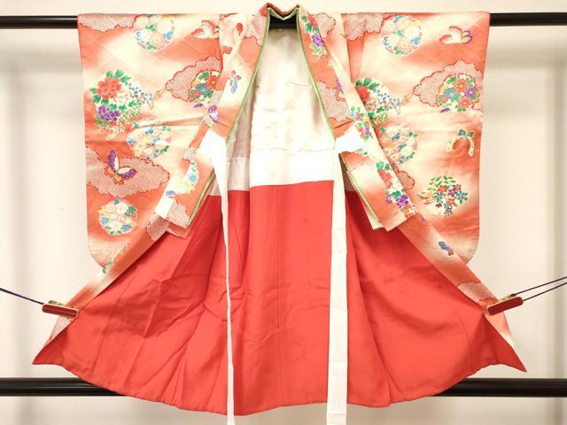 平和屋着物[]七五三　女の子　３歳　祝着　三つ身　長襦袢(無双仕立て)・被布セット　雪輪花蝶文　暈し染め　金銀彩　逸品　DABA3581ma