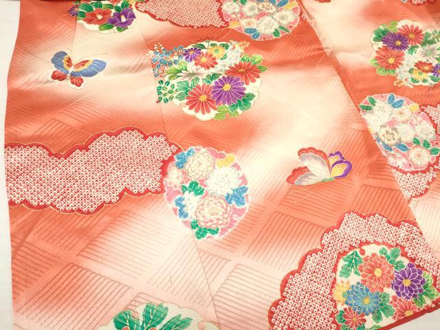 平和屋着物[]七五三　女の子　３歳　祝着　三つ身　長襦袢(無双仕立て)・被布セット　雪輪花蝶文　暈し染め　金銀彩　逸品　DABA3581ma