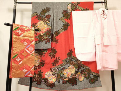 平和屋着物[]七五三　女の子　７歳　祝着　四つ身　襦袢(無双仕立て)・袋帯セット　駒刺繍　鴛鴦鼓花文　金彩　DABA3582ma