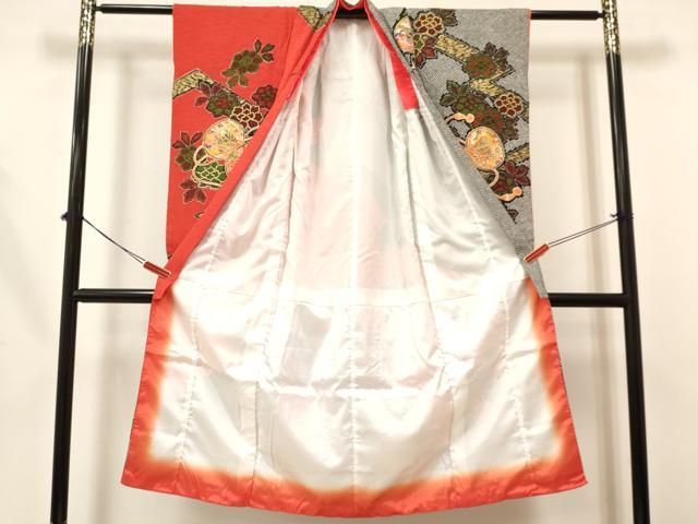 平和屋着物[]七五三　女の子　７歳　祝着　四つ身　襦袢(無双仕立て)・袋帯セット　駒刺繍　鴛鴦鼓花文　金彩　DABA3582ma