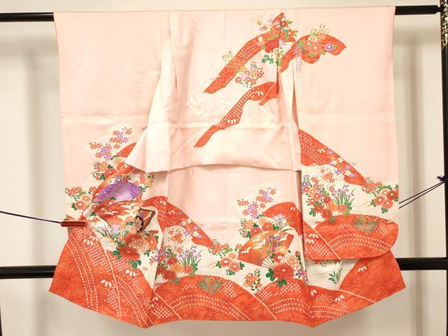 平和屋着物[]七五三　女の子　３歳　祝着　三つ身　長襦袢(無双仕立て)・袋帯・小物セット　扇面御所車飛鶴花文　金彩　逸品　DABA3583ma