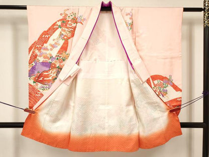 平和屋着物[]七五三　女の子　３歳　祝着　三つ身　長襦袢(無双仕立て)・袋帯・小物セット　扇面御所車飛鶴花文　金彩　逸品　DABA3583ma