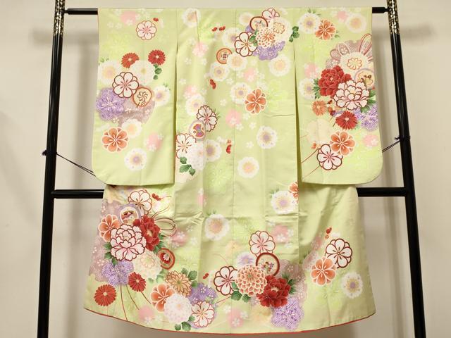 平和屋着物[]七五三　女の子　７歳　祝着　四つ身　袋帯セット　折り鶴　糸車　雪輪牡丹花文　金彩　DABA3584ma