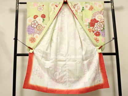 平和屋着物[]七五三　女の子　７歳　祝着　四つ身　袋帯セット　折り鶴　糸車　雪輪牡丹花文　金彩　DABA3584ma