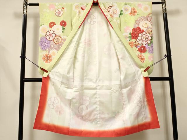 平和屋着物[]七五三　女の子　７歳　祝着　四つ身　袋帯セット　折り鶴　糸車　雪輪牡丹花文　金彩　DABA3584ma
