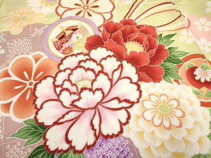 平和屋着物[]七五三　女の子　７歳　祝着　四つ身　袋帯セット　折り鶴　糸車　雪輪牡丹花文　金彩　DABA3584ma